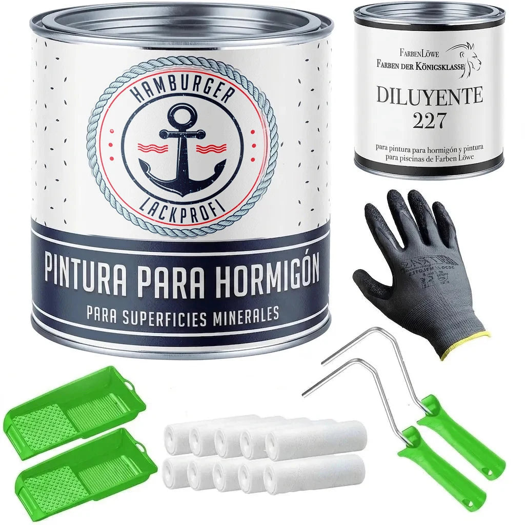 Kit de pintura de hormigón con lata de pintura, diluyente, rodillos, bandejas y guantes. Marca Hamburger Lackprofi.