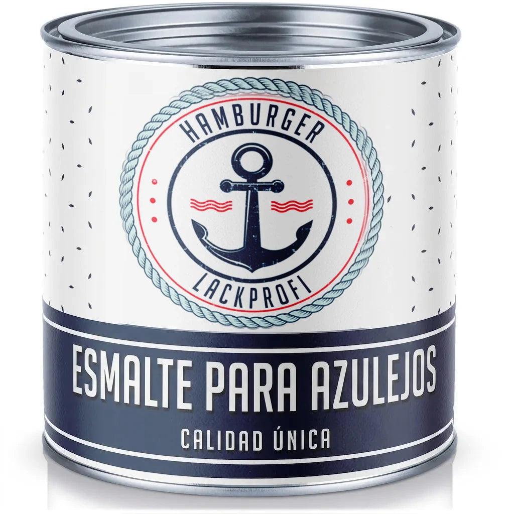 Lata de pintura blanca con etiqueta 'Hamburger Lackprofi' y ancla. 'Fliesenlack' (pintura para azulejos) de calidad única.