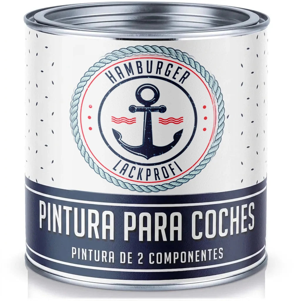 Bote de pintura 'Hamburger Lackprofi' con ancla, texto 'Autolack 2-Komponenten Lack' en alemán.