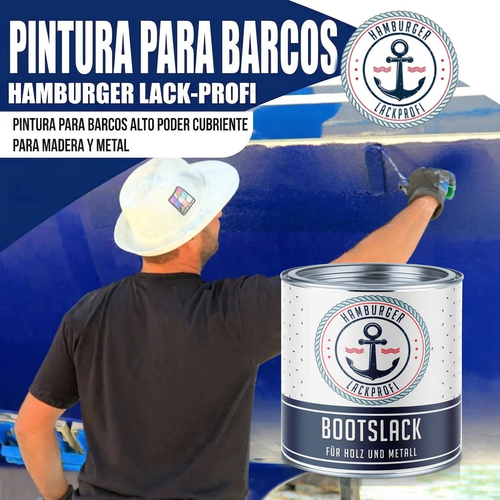 Pintura para barcos "Hamburger Lack-Profi" "Bootslack" para madera y metal. Hombre pintando barco.
