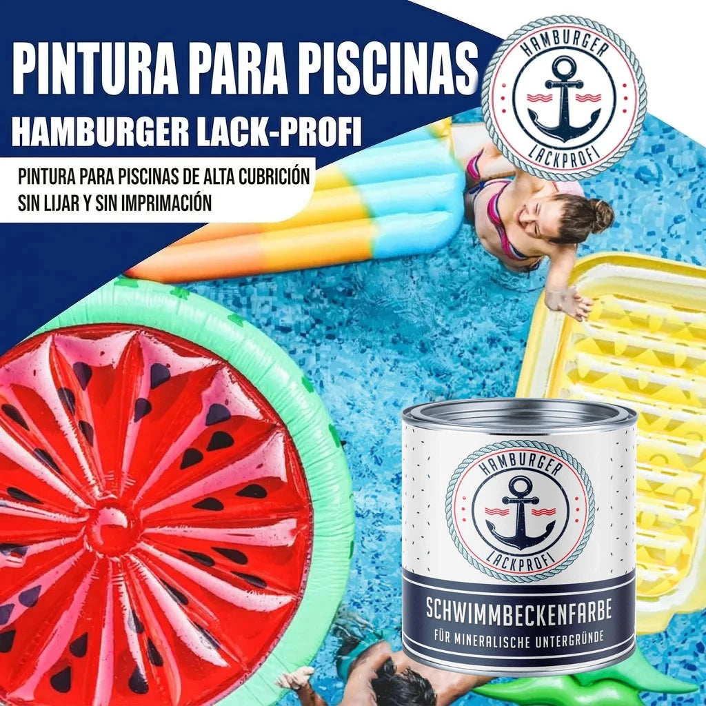 Pintura para piscina Hamburger Lack-Profi. Mujer en piscina con flotadores y lata de "SCHWIMMBECKENFARBE".