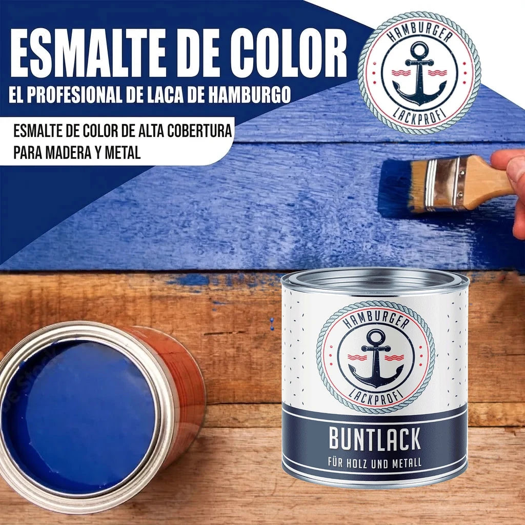 Esmalte de color azul "BUNTLACK" de Hamburger Lackprofi para madera y metal, aplicándose sobre madera.