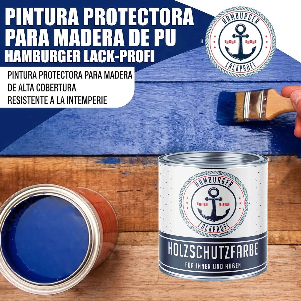 Pintura protectora para madera Hamburger Lack-Profi. Bote de pintura azul "HOLZSCHUTZFARBE" y brocha.