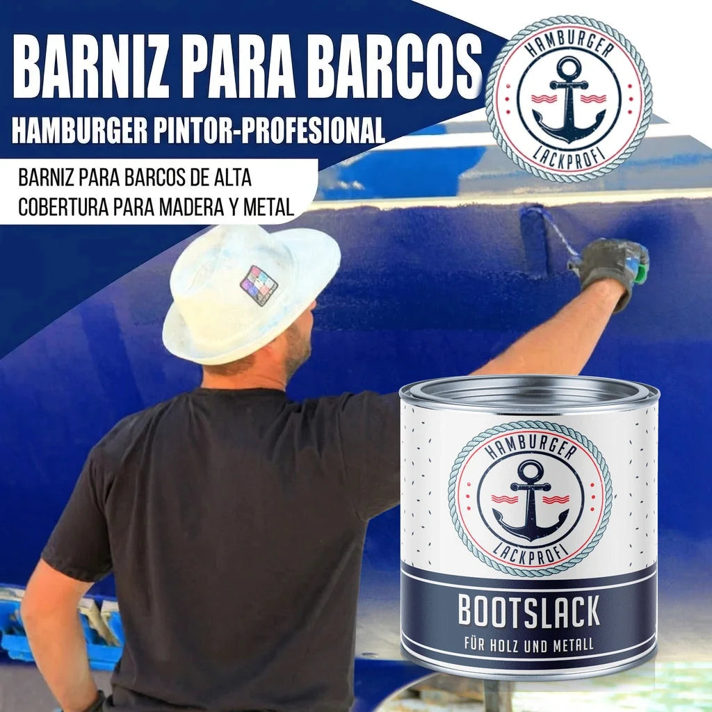 Hombre pintando un barco azul con "BOOTSLACK" de Hamburger Lackprofi. Barniz para barcos de alta cobertura.