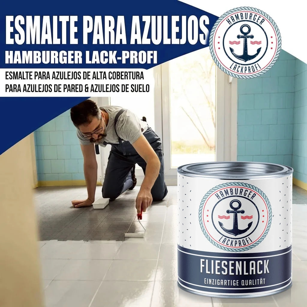 Hombre pintando azulejos con esmalte "Hamburger Lack-Profi". Lata de "Fliesenlack" visible.