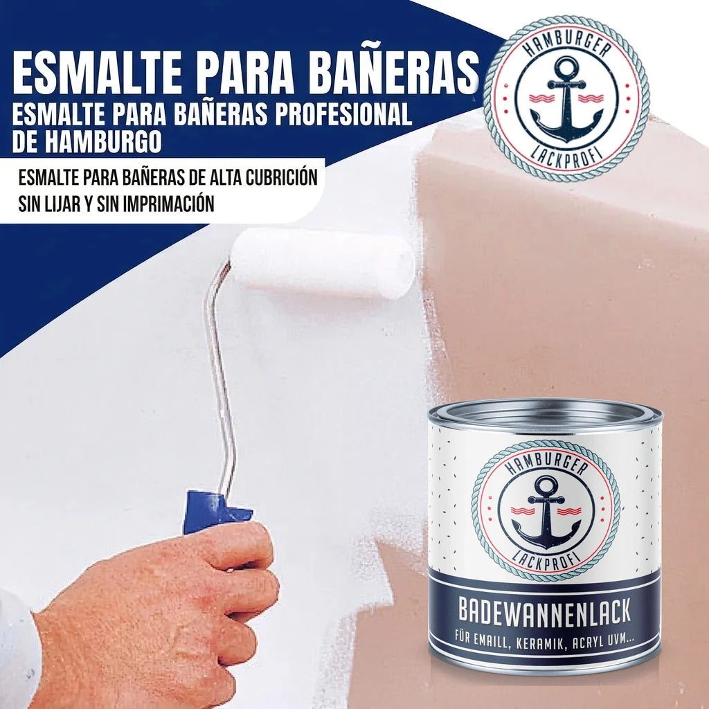 Esmalte para bañeras "Hamburger Lackprofi" aplicándose con rodillo. Lata de "Badewannenlack".