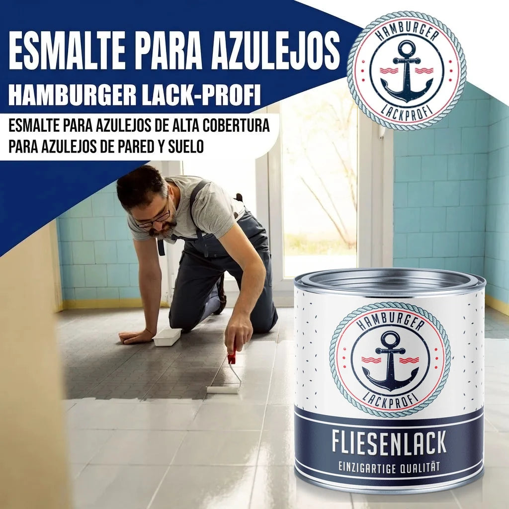 Esmalte para azulejos "Hamburger Lack-Profi". Hombre pintando suelo. Bote de "Fliesenlack".