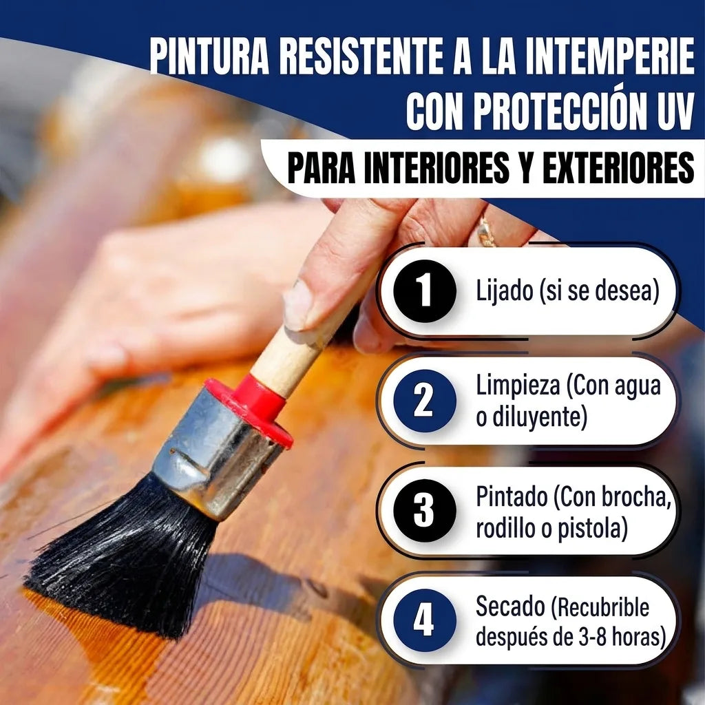 Mano pintando madera con brocha. Texto alemán: pintura intemperie con protección UV para interior/exterior y 4 pasos: lijar, limpiar, pintar