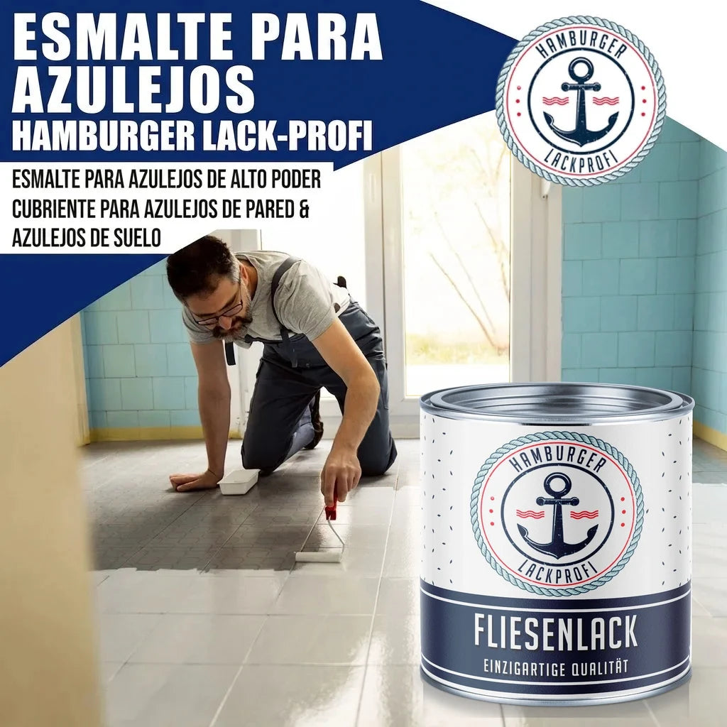 Hombre pintando azulejos con esmalte "Hamburger Lack-Profi". Lata de pintura "Fliesenlack".