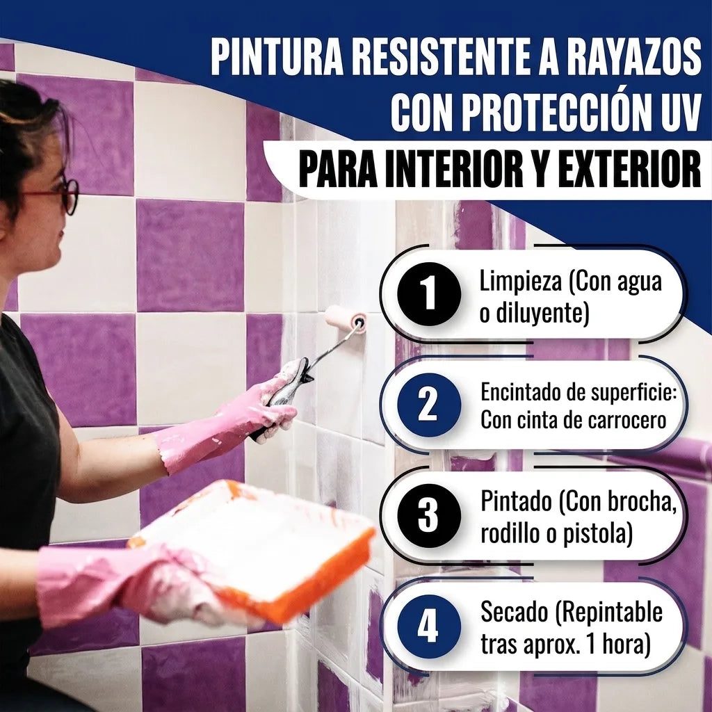 Persona pintando azulejos, con instrucciones en alemán para pintura resistente a arañazos y rayos UV: limpiar, encintar, pintar, secar.