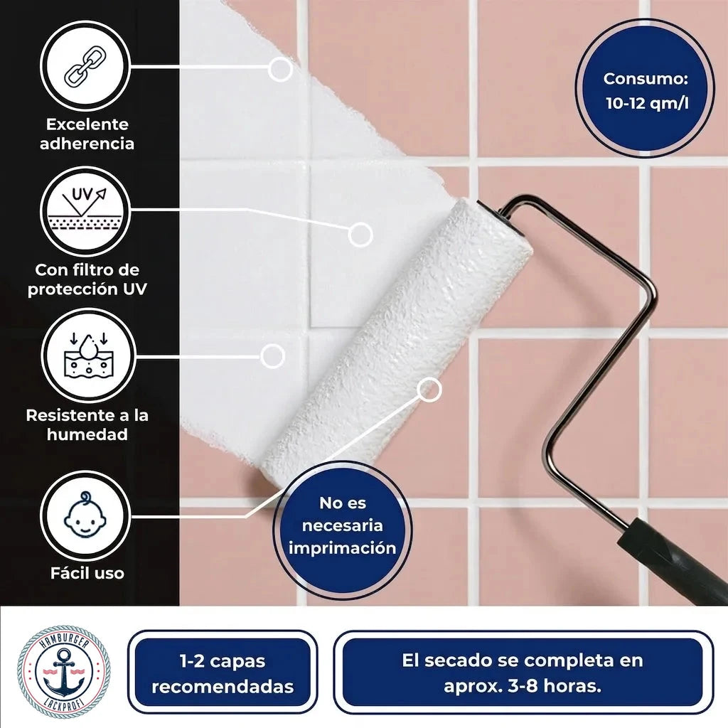 Pintura para azulejos: gran adherencia, UV, humedad, fácil. Sin imprimación. Rendimiento 10-12m²/l, secado 3-8h.