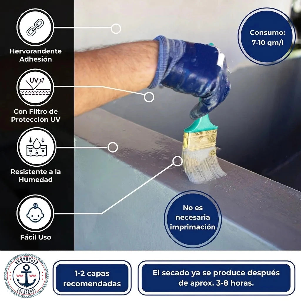 Hombre pintando con brocha. Texto: Adherencia, UV, resistencia agua, fácil, no imprimación, secado 3-8 horas.