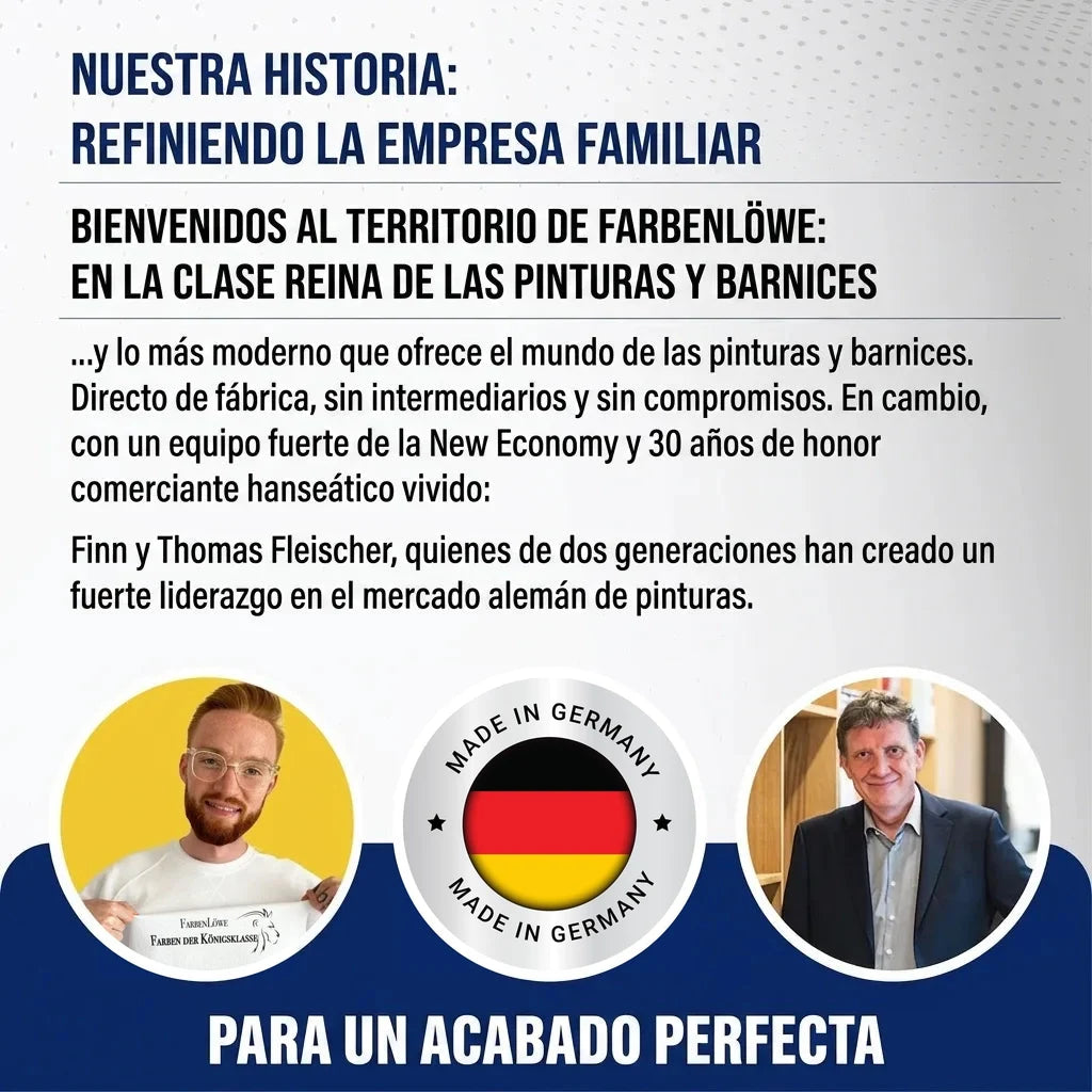 Dos hombres, Finn y Thomas Fleischer, y emblema 'Made in Germany' con texto sobre empresa familiar de pinturas.