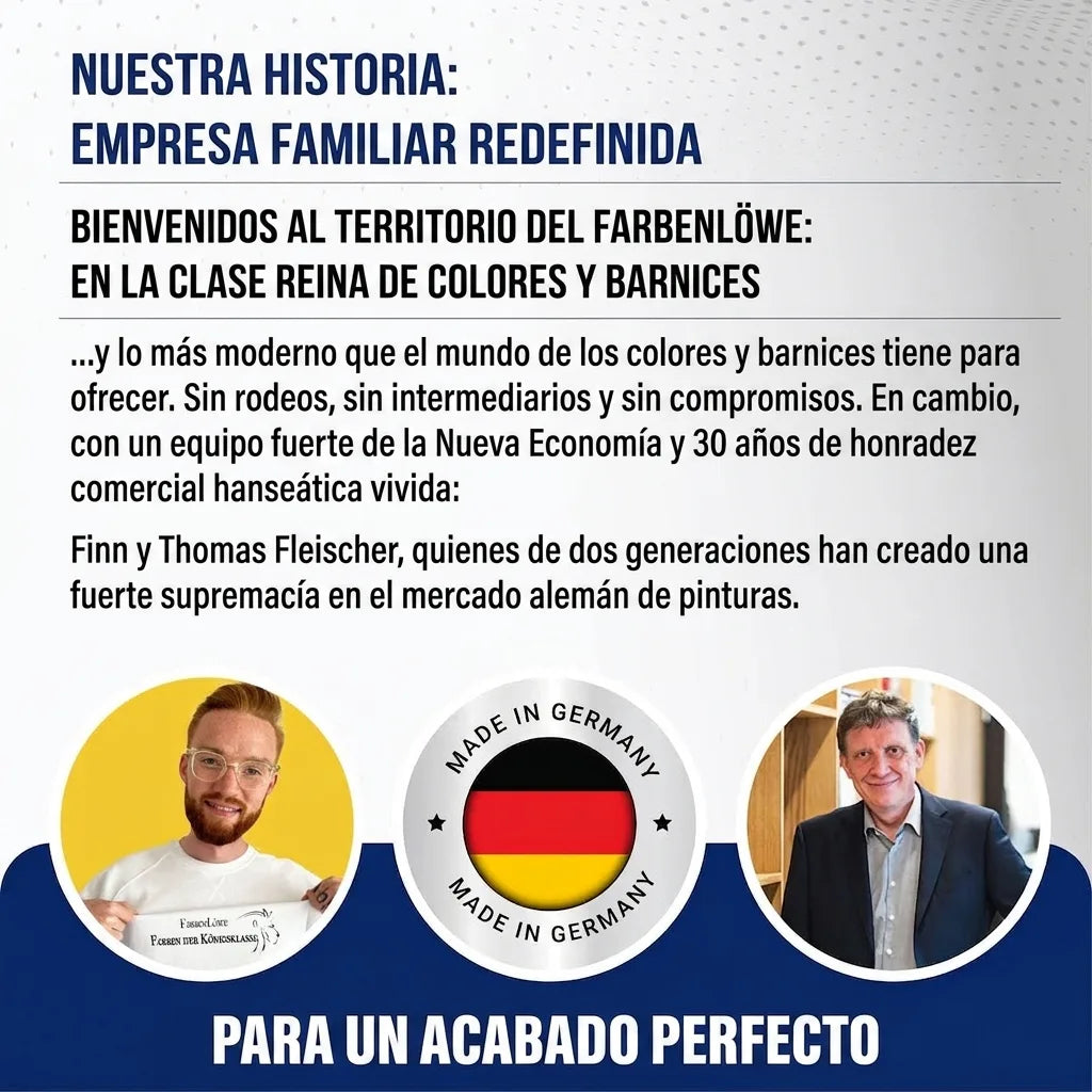 Texto alemán sobre empresa familiar de pintura "Farbenlöwe", con Finn y Thomas Fleischer y sello "Made in Germany".