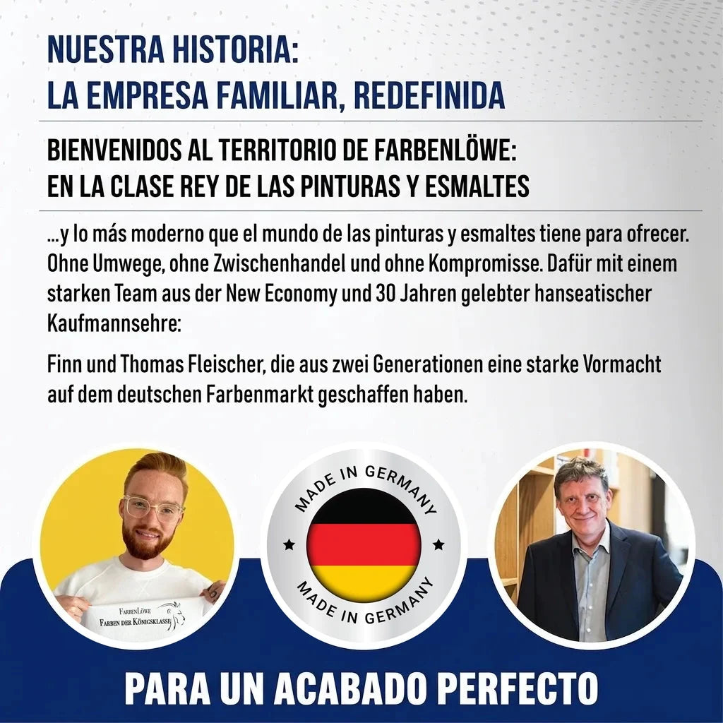 Dos hombres sonríen junto al logo 'Made in Germany' y texto sobre una empresa familiar de pinturas alemana.