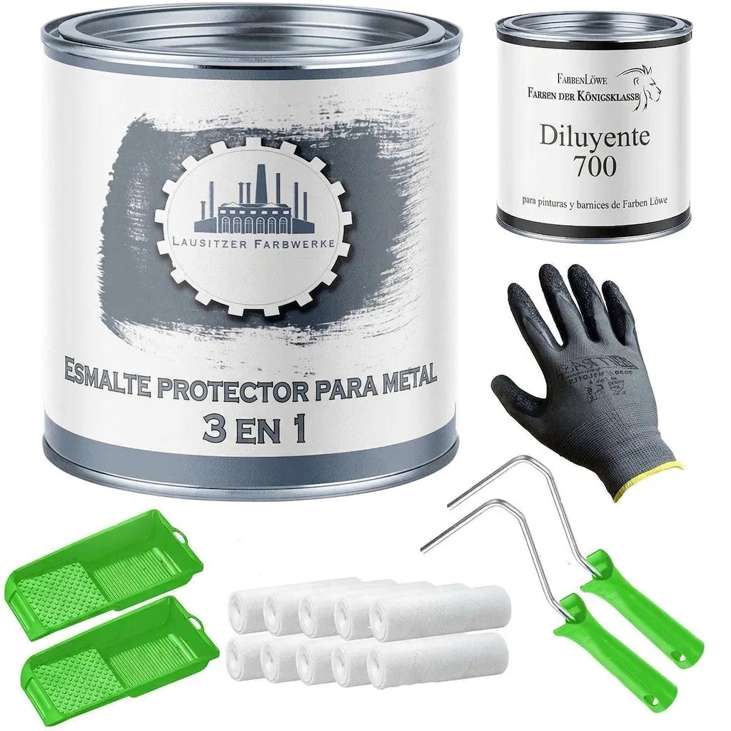 Set completo: barniz protector de metal, disolvente, guantes, rodillos y bandejas para pintar.