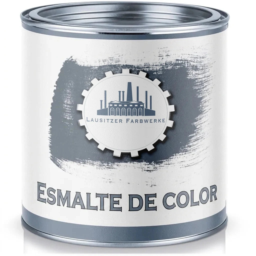 Bote de pintura metálico con etiqueta de Lausitzer Farbwerke, pintura esmalte de color gris-azul.