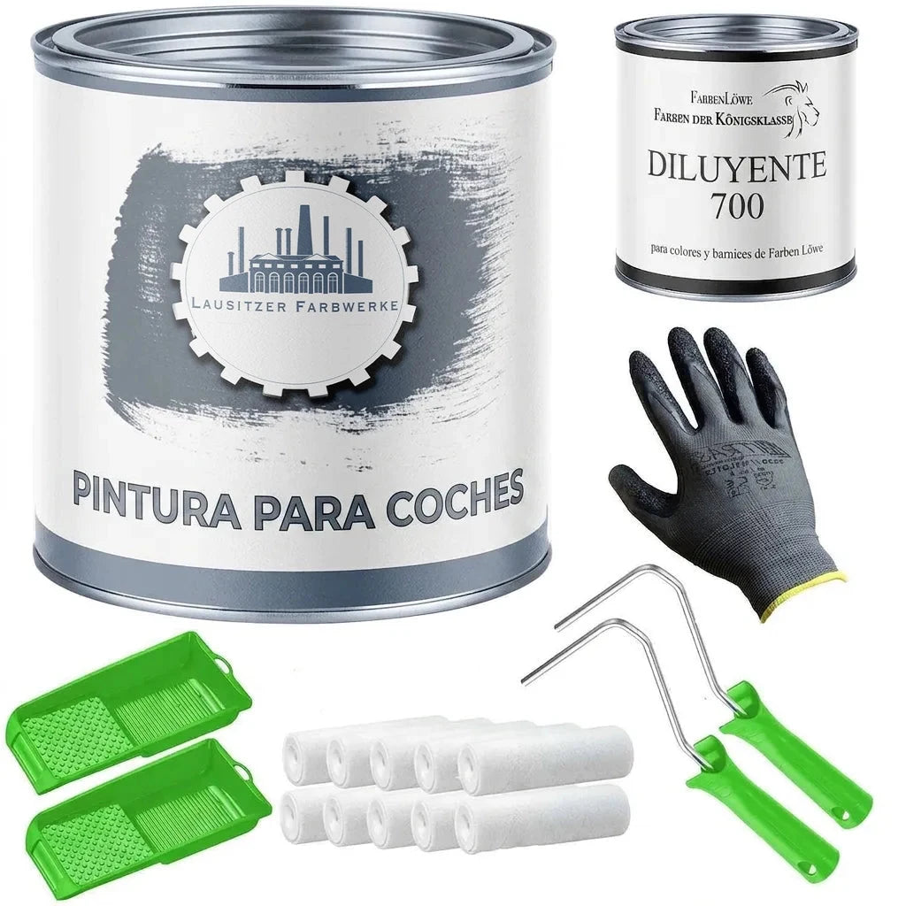 Kit de pintura de coche: esmalte 'Autolack', diluyente 'Verdünnung', guantes, rodillos y bandejas.