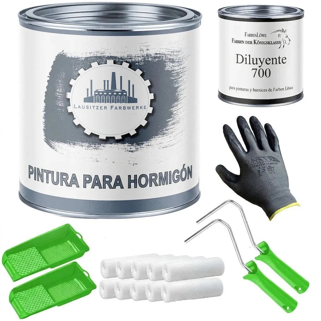 Kit de pintura para hormigón con lata de pintura, diluyente, guantes, rodillos y bandejas verdes.