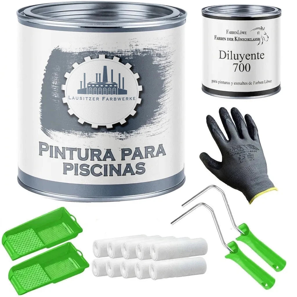 Kit de pintura para piscinas con bote de Poolfarbe, diluyente, guantes, 2 mangos de rodillo, 8 recambios y 2 bandejas verdes.