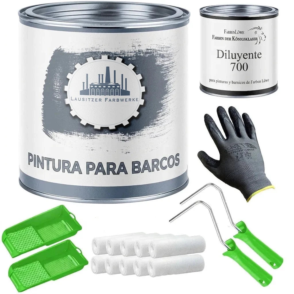 Kit de pintura para barcos que incluye barniz naval, diluyente, rodillos, recambios, bandejas y guantes.