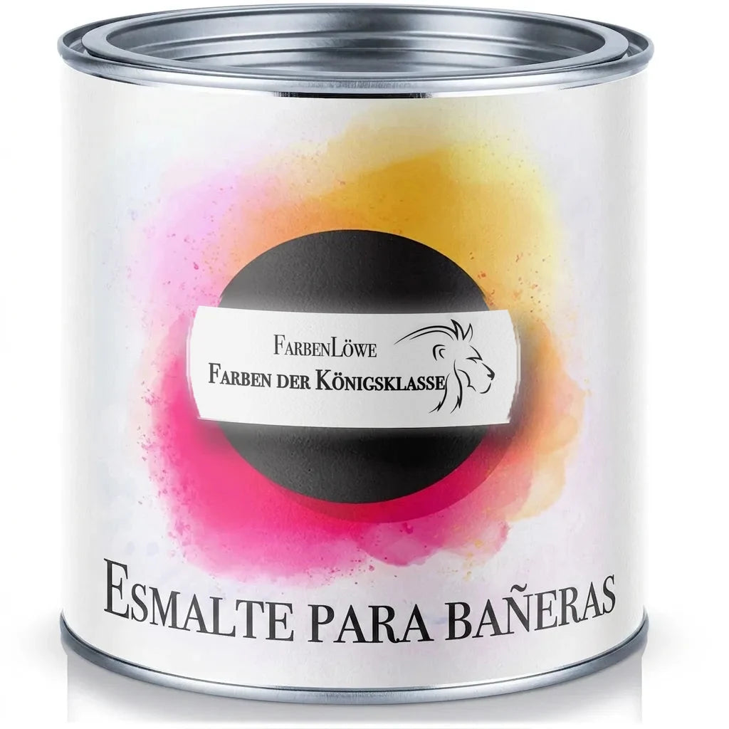 Bote de pintura FarbenLöwe. Esmalte para bañeras con la etiqueta "Farben der Königsklasse" y colores vivos.