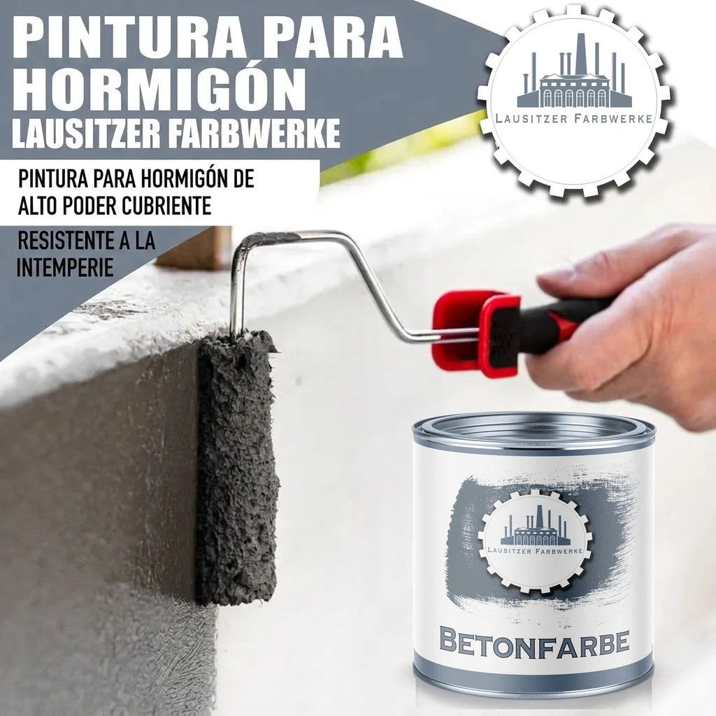 Pintura para hormigón Lausitzer Farbwerke. Hombre pintando con rodillo, lata de "BETONFARBE".