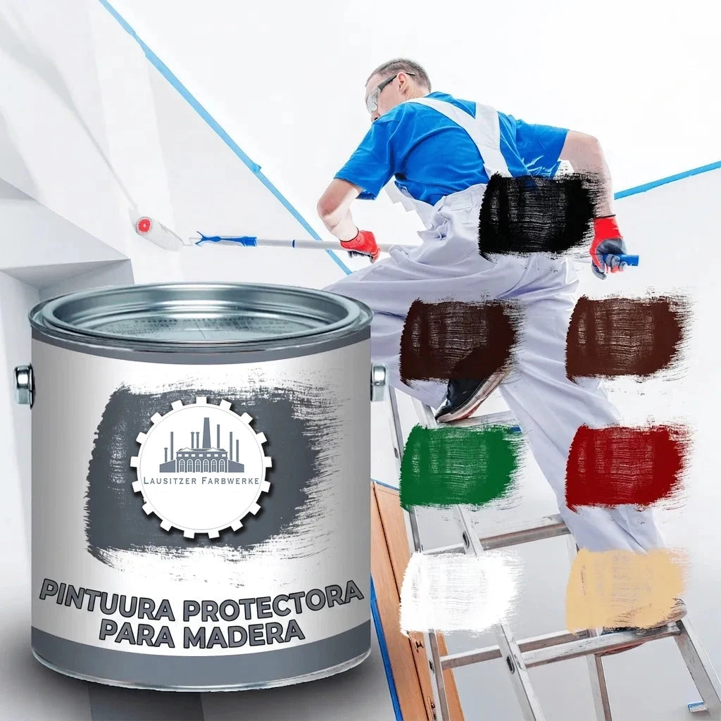 Pintor en escalera con lata de pintura "HOLZSCHUTZFARBE" (protector de madera) y muestras de colores.