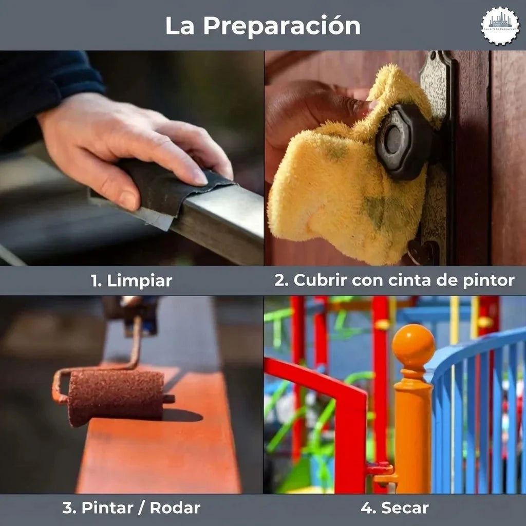 Guía visual de preparación y pintura: limpiar, cubrir áreas con cinta, aplicar pintura con rodillo y secar.