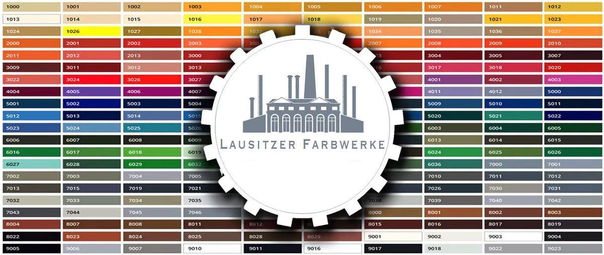 Carta de colores RAL con la paleta de tonos de Lausitzer Farbwerke y su logotipo en el centro.