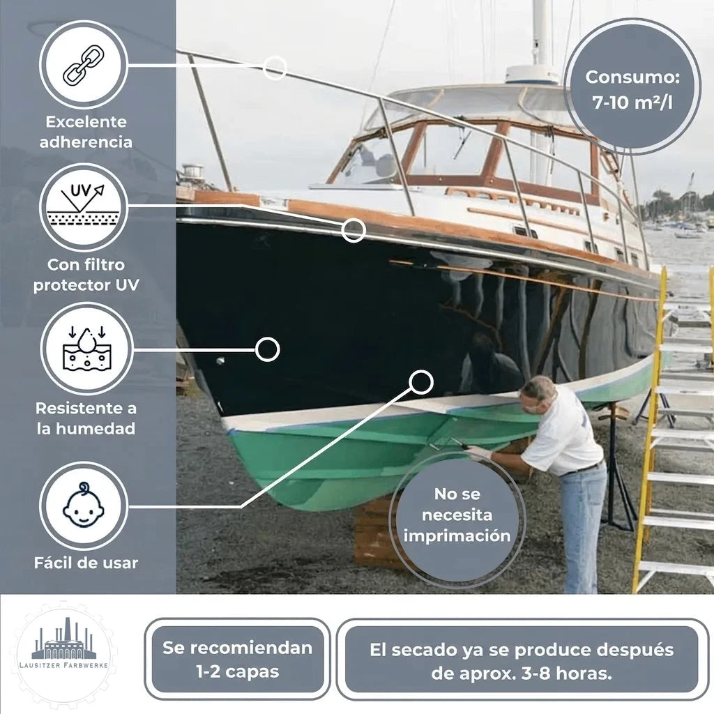 Pintura náutica para barcos con excelente adherencia, protección UV, resistente a humedad y fácil aplicación.