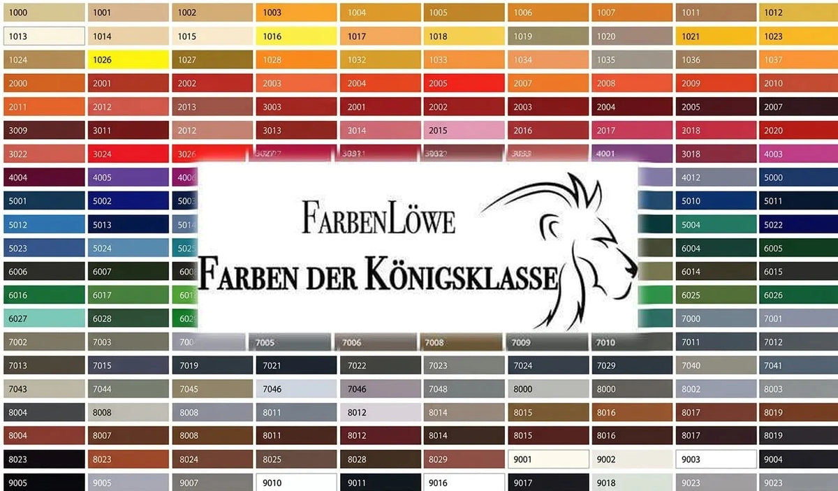 Carta de colores RAL de FarbenLöwe con códigos numéricos y el lema 'Farben der Königsklasse' y logo de león.