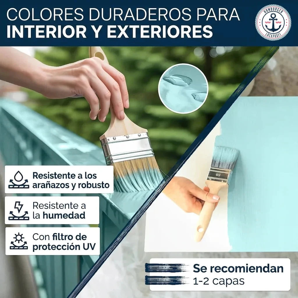 Pintura azul para interiores y exteriores. Duradera, resistente a arañazos, humedad y rayos UV. Fácil aplicación.
