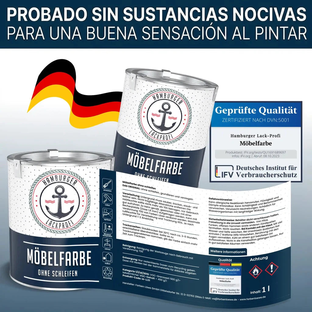 Botes de pintura "Möbelfarbe" de Hamburger Lack-Profi con bandera alemana. Calidad certificada.