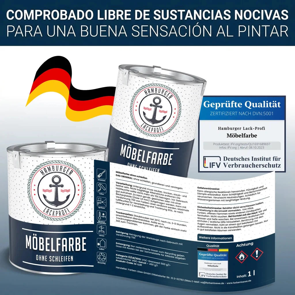 Dos latas de pintura "Möbelfarbe" de "Hamburger Lack-Profi" con bandera alemana.