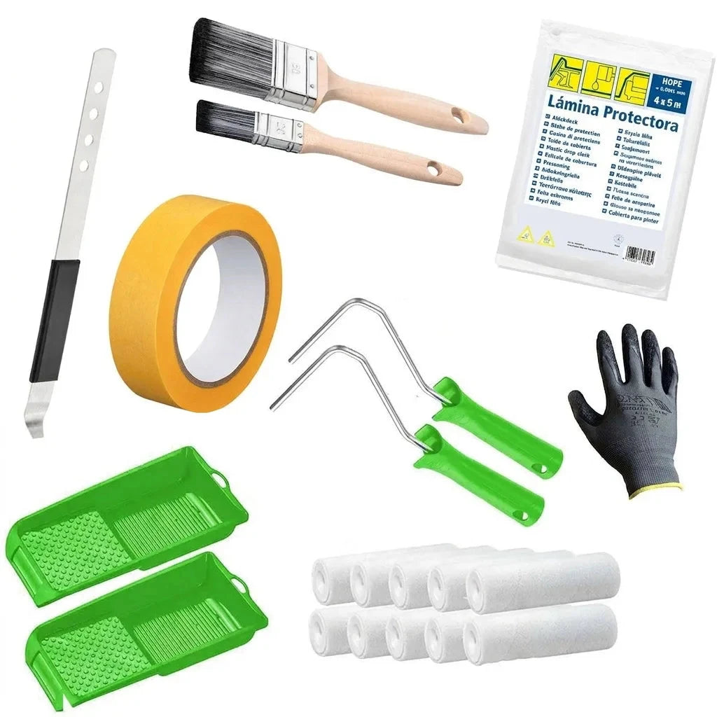 Kit de pintura con brochas, cinta de enmascarar, rodillos, bandejas, espátula, guantes y lámina protectora.