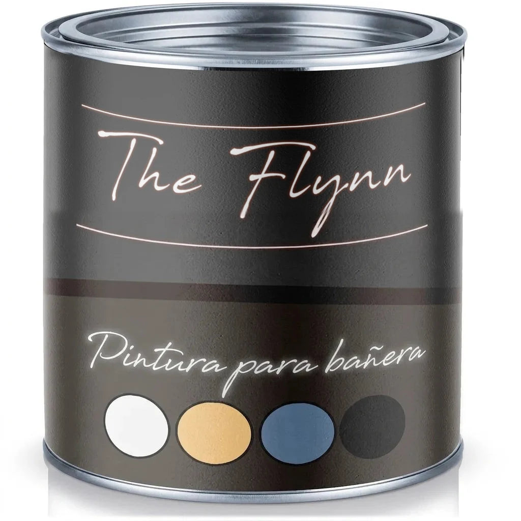 Bote de pintura The Flynn para bañeras, lacado oscuro con muestras de color: blanco, crema, azul y negro.