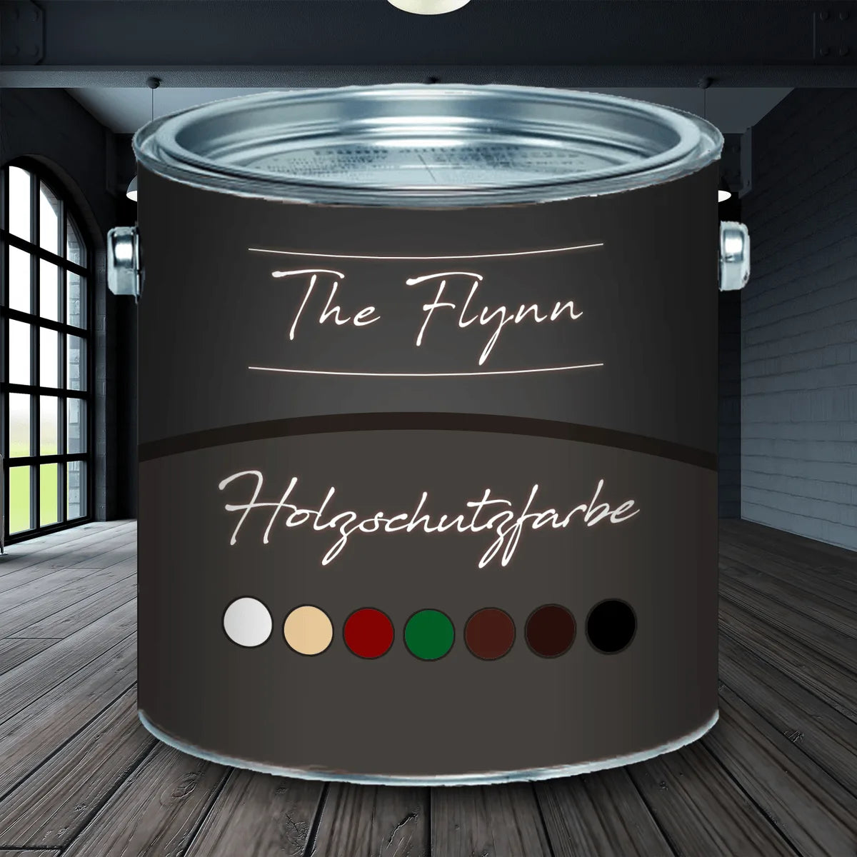 Lata de pintura The Flynn Holzschutzfarbe con muestras de colores: blanco, beige, rojo, verde, marrón y negro.